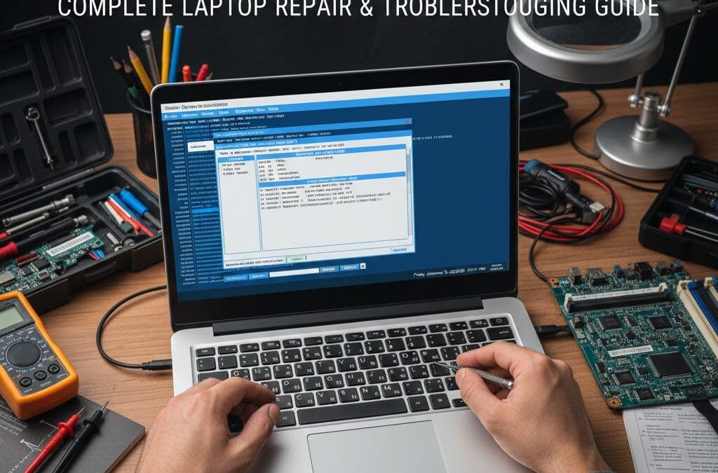 A top-down view of a technician's workbench with a laptop showing a BIOS setup utility screen. Tools like a multimeter, circuit board, and screwdriver are scattered around. The text "BIOS & FIRMWARE ISSUES" glows in cyan at the top.