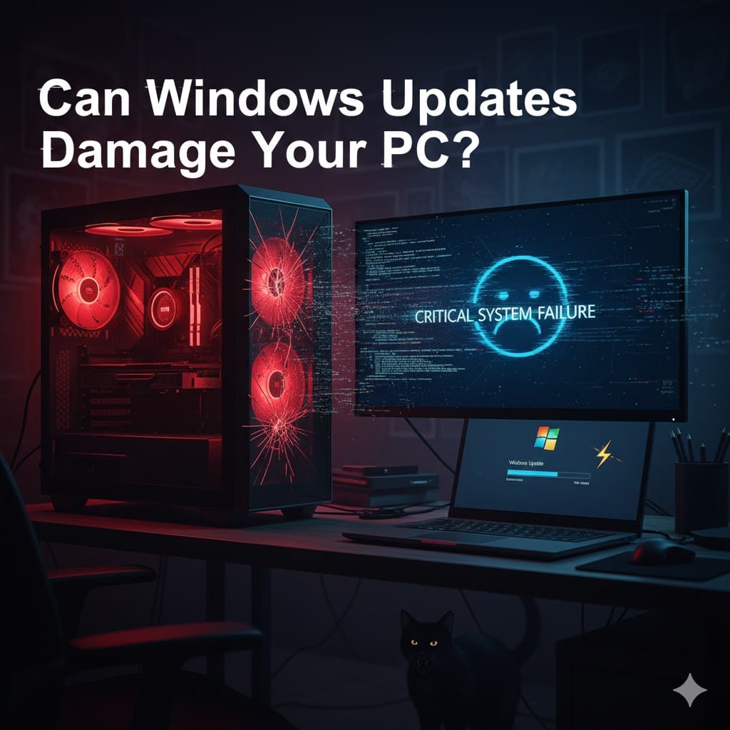 A dramatic digital Windows Updates illustration of a computer setup experiencing a software error. A large monitor displays a "CRITICAL SYSTEM FAILURE" message with a sad face icon. Beside it, a gaming PC tower glows with red lights and has a cracked glass side panel effect. A laptop in the foreground shows a Windows update progress bar with a lightning bolt symbol. Large white text at the top asks, "Can Windows Updates Damage Your PC?"