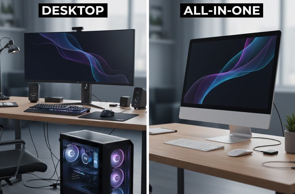 Desktop vs All-in-One computers comparison showing traditional desktop setup and modern all-in-one PC