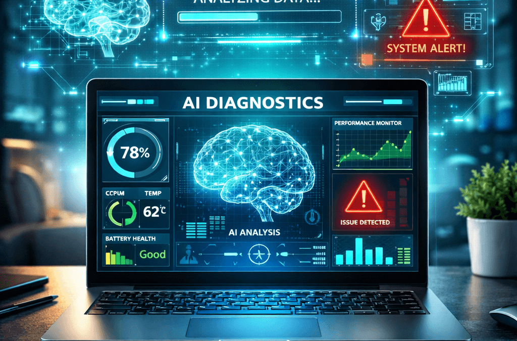 How AI tools are AI diagnostics interface displaying system health, performance charts, and alerts on a modern desk.
