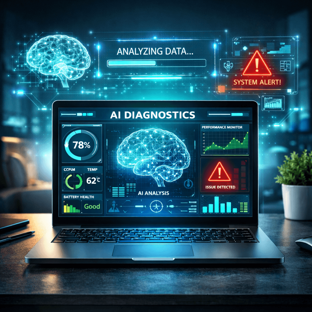 How AI tools are AI diagnostics interface displaying system health, performance charts, and alerts on a modern desk.