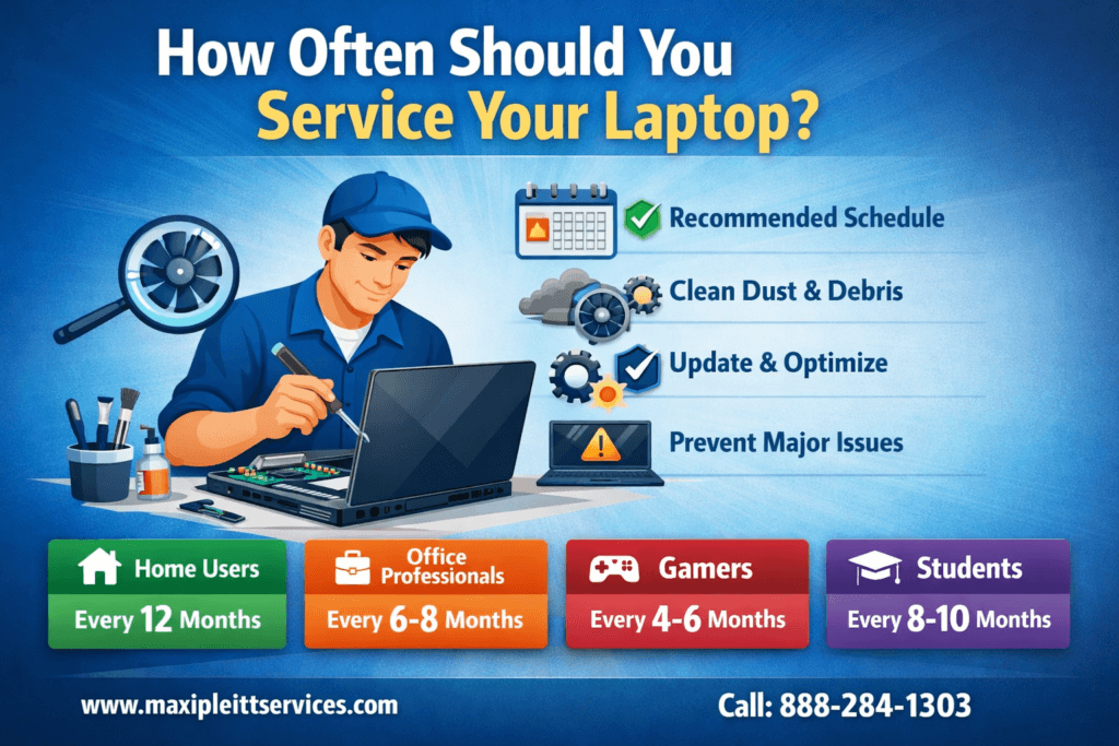 How often should you service your laptop showing recommended maintenance schedule for home users, office professionals, gamers, and students