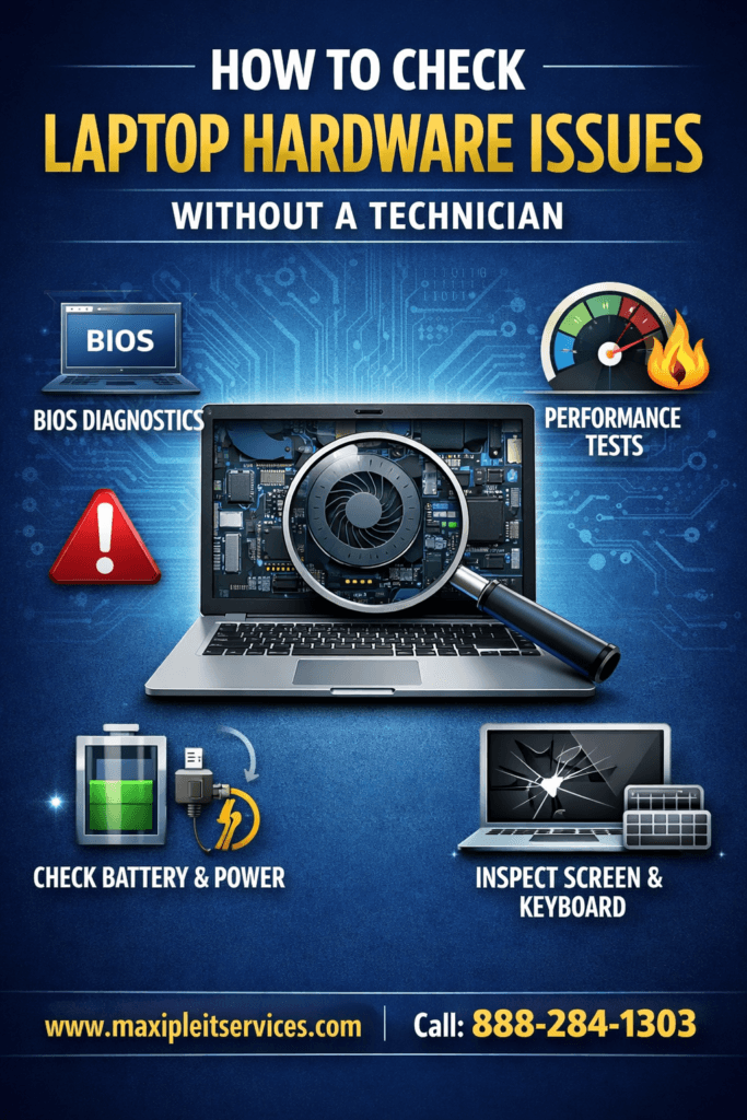 How to check laptop hardware issues without a technician using built-in diagnostics and visual inspection