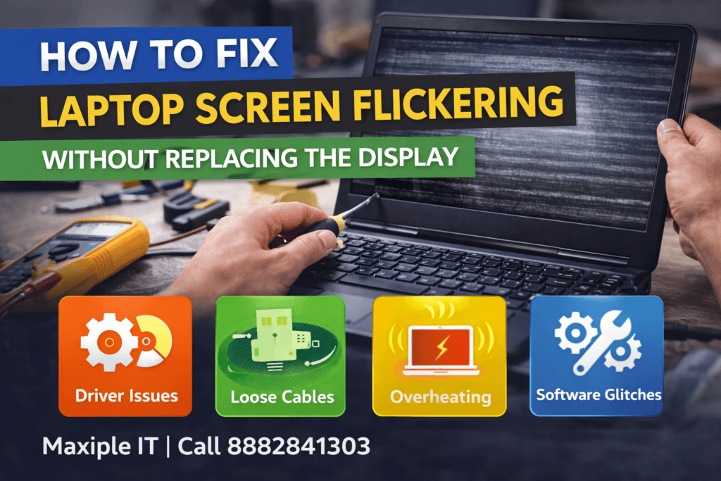 Laptop screen flickering fix showing technician repairing display without replacing the screen