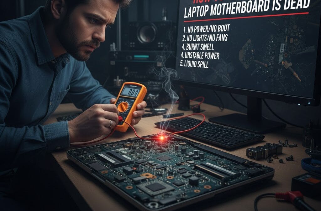 A technician at Maxiple Technology Services using a multimeter to diagnose a laptop motherboard failure. The image includes a symptoms checklist and contact number +91 88828 41303.