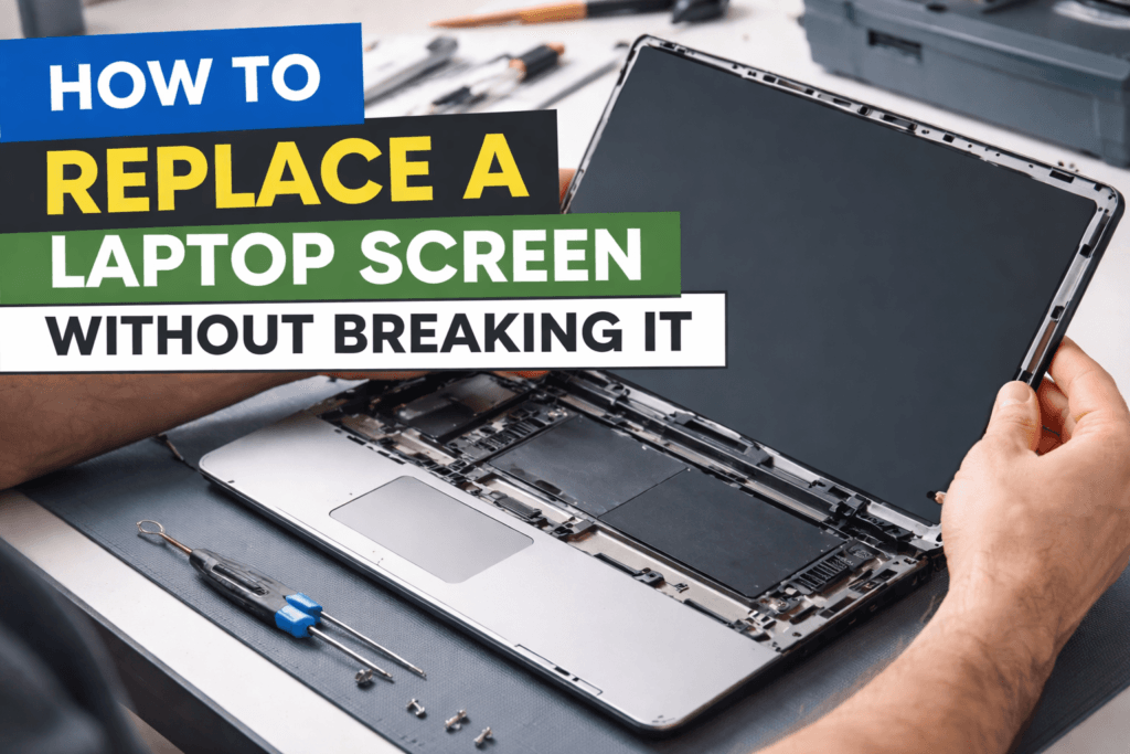 Replace a laptop screen without breaking it using proper tools and step-by-step repair techniques