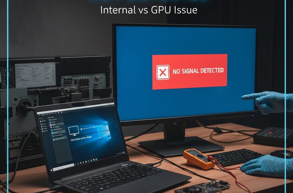 A laptop and an external monitor on a technician's desk. The laptop screen shows display settings, while the external monitor displays a red "NO SIGNAL DETECTED" error. A dedicated GPU and multimeter are nearb