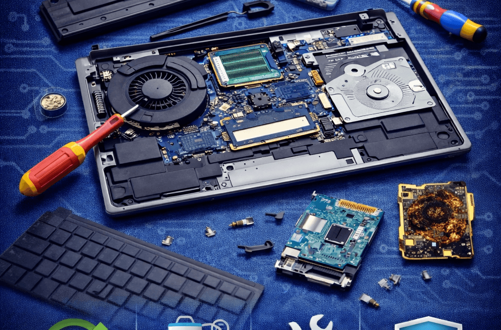 Laptop hardware repair guide for beginners showing disassembled laptop components, tools, and maintenance steps