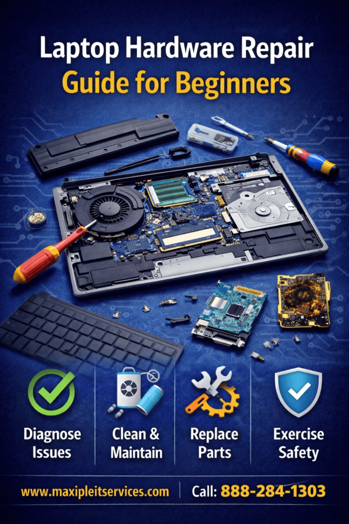 Laptop hardware repair guide for beginners showing disassembled laptop components, tools, and maintenance steps