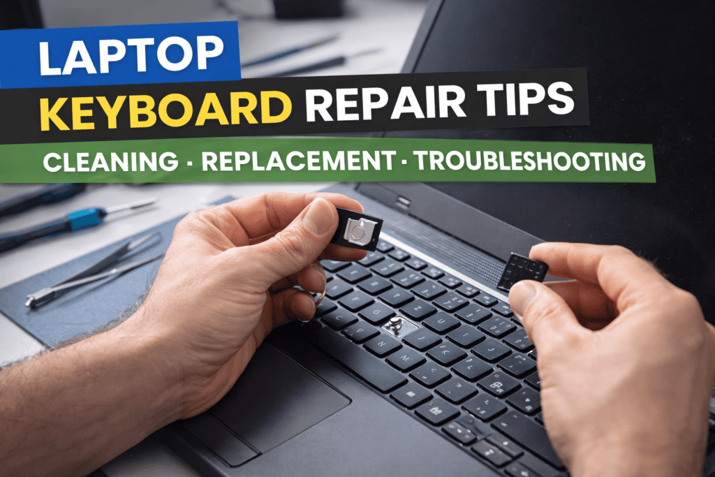 Laptop keyboard repair tips showing key replacement and safe keyboard cleaning process
