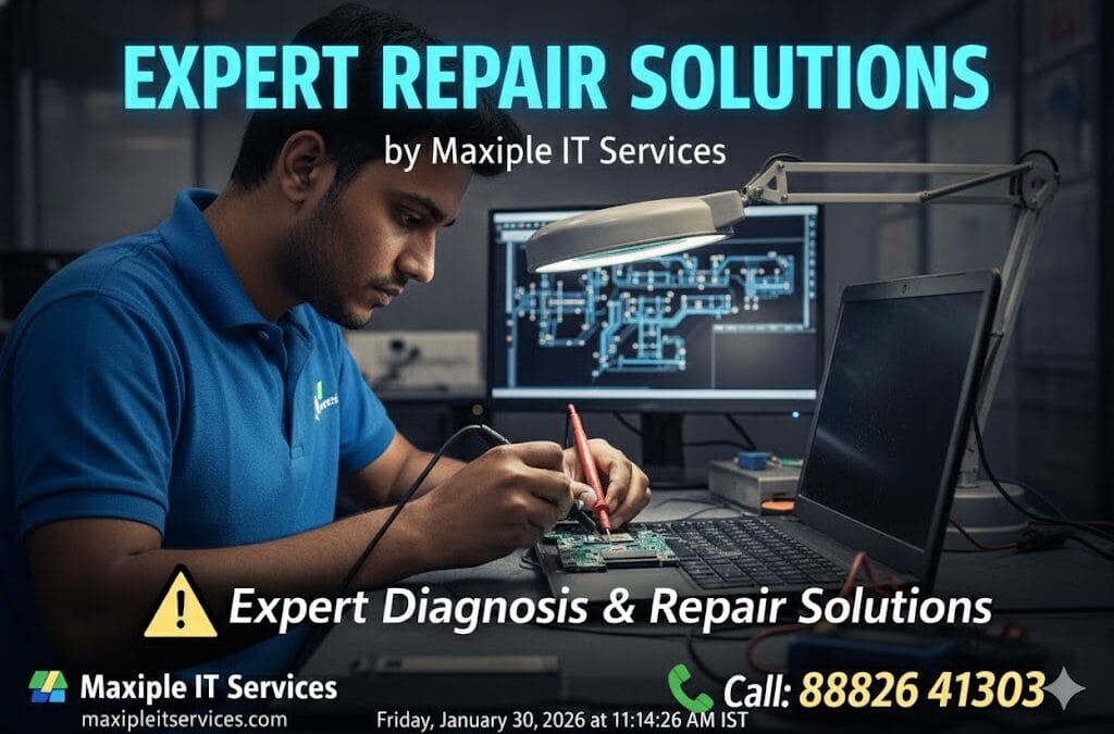A professional technician in a blue polo shirt meticulously repairing a laptop motherboard using a probe. A computer monitor in the background displays a technical circuit diagram. The image features "Maxiple IT Services" branding and a contact number.