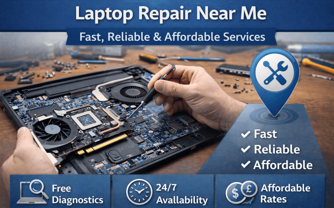 Technician repairing a laptop motherboard with tools, promoting fast, reliable, and affordable laptop repair services nearby.