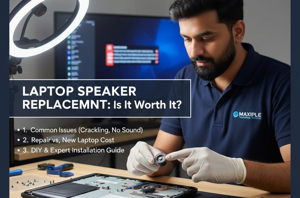 A professional technician at Maxiple Technology Services inspecting a small internal laptop speaker component. The image includes a guide titled "Laptop Speaker Replacement: Is It Worth It?" with contact number +91 88828 41303.