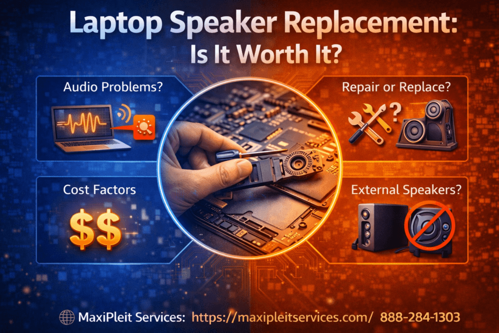 Laptop speaker replacement infographic showing audio problems, repair vs replacement decision, cost factors, and technician replacing laptop speakers
