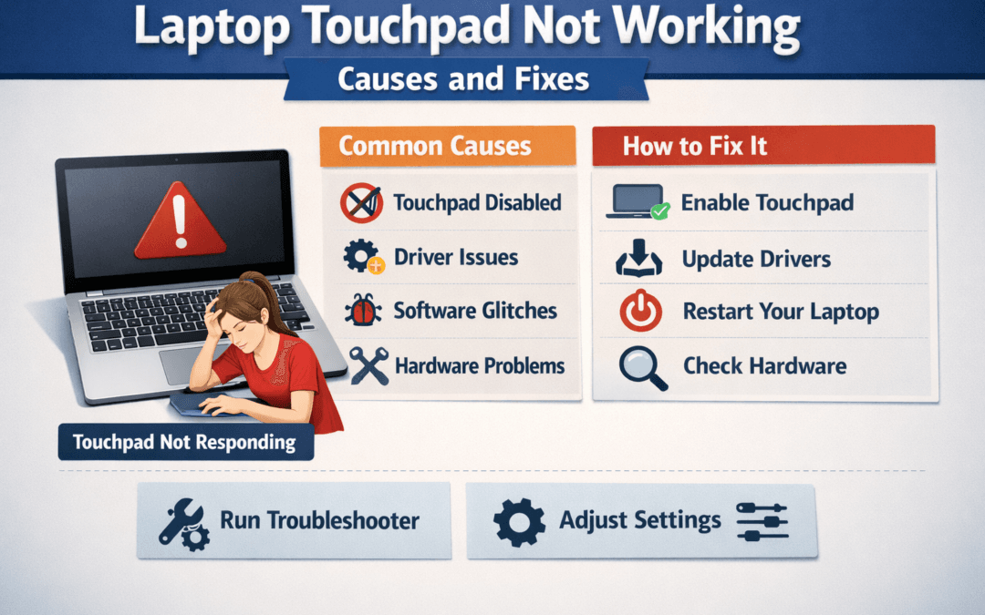 Infographic showing common reasons a laptop touchpad is not working and simple fixes, including enabling the touchpad, updating drivers, restarting the laptop, and checking hardware.