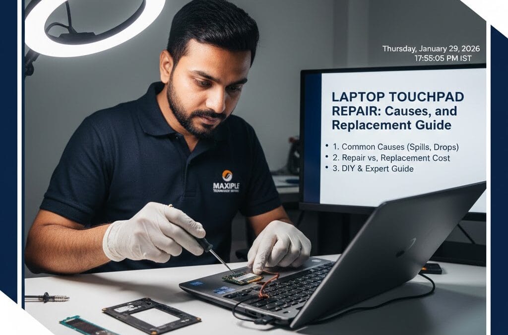 A technician at Maxiple Technology Services wearing gloves and using a precision screwdriver to repair a laptop touchpad. A background monitor displays a "Laptop Touchpad Repair: Causes, and Replacement Guide" with contact info +91 88828 41303.