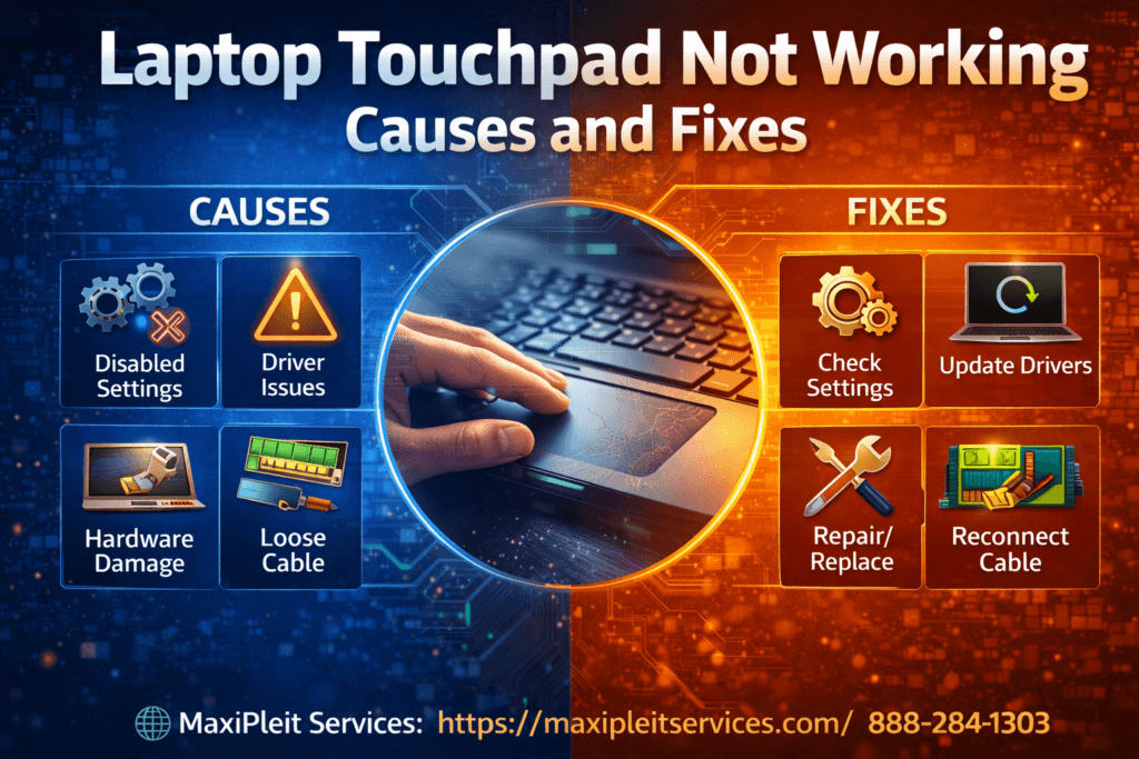 Laptop touchpad not working infographic showing causes like disabled settings, driver issues, hardware damage, and loose cable with fixes explained by MaxiPleit Services