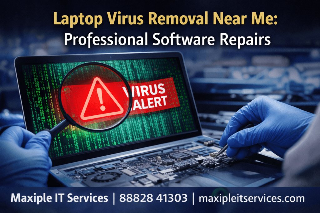Laptop Virus Removal Near Me – Technician removing malware from laptop, professional software repair services by Maxiple IT Services.