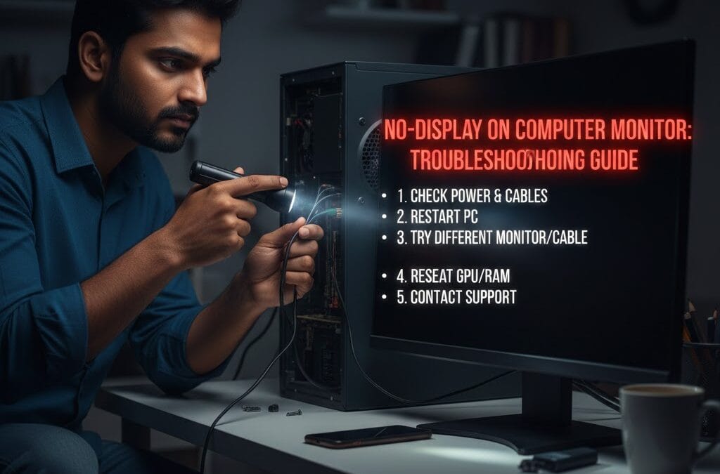 A technician inspecting internal PC cables with a flashlight next to a monitor displaying a "No-Display Troubleshooting Guide" by Maxiple Technology Services. Contact: +91 88828 41303.