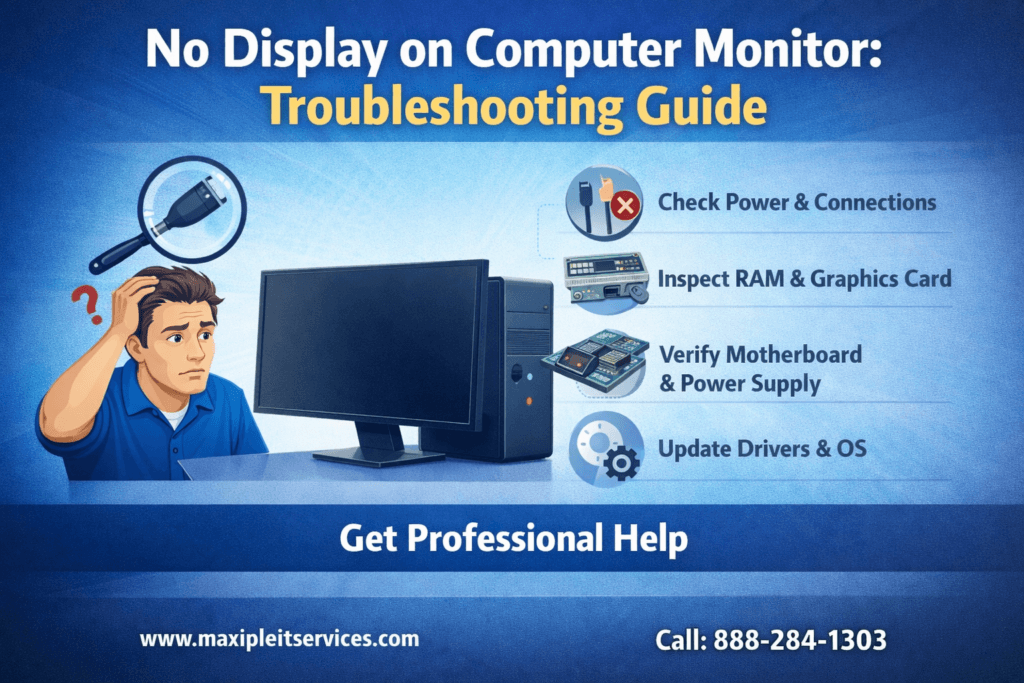 No-display computer monitor troubleshooting showing blank screen issue with step by step repair checks