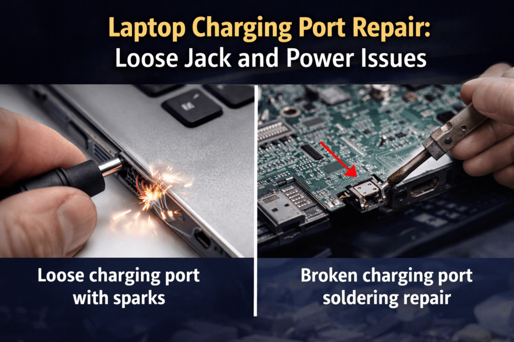 Close-up of a laptop charging port with loose jack and sparks on one side, and a technician soldering a broken charging port on the motherboard on the other side.