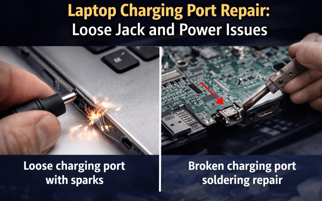 Close-up of a laptop charging port with loose jack and sparks on one side, and a technician soldering a broken charging port on the motherboard on the other side.
