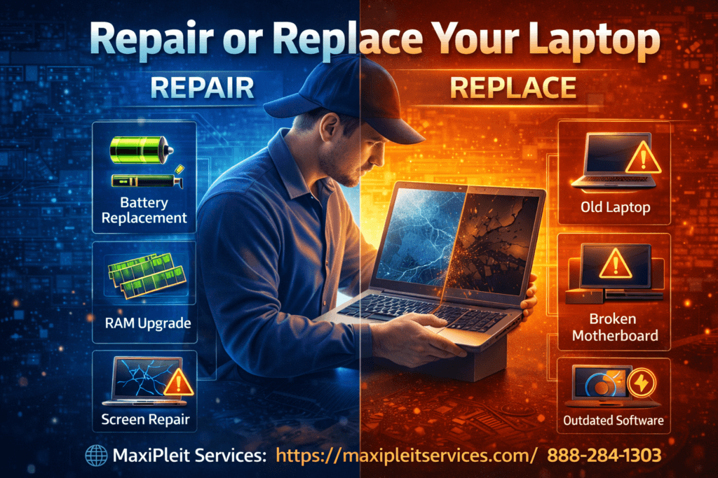 Repair or Replace Your Laptop infographic showing battery replacement, RAM upgrade, and screen repair on the repair side, and old laptop, broken motherboard, and outdated software on the replace side with MaxiPleit Services contact info