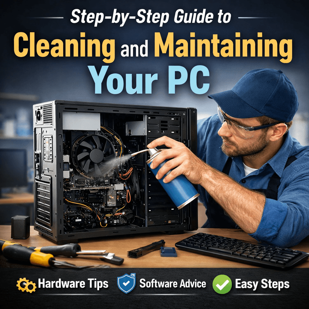Step-by-step PC cleaning and maintenance showing a technician cleaning desktop computer hardware with compressed air