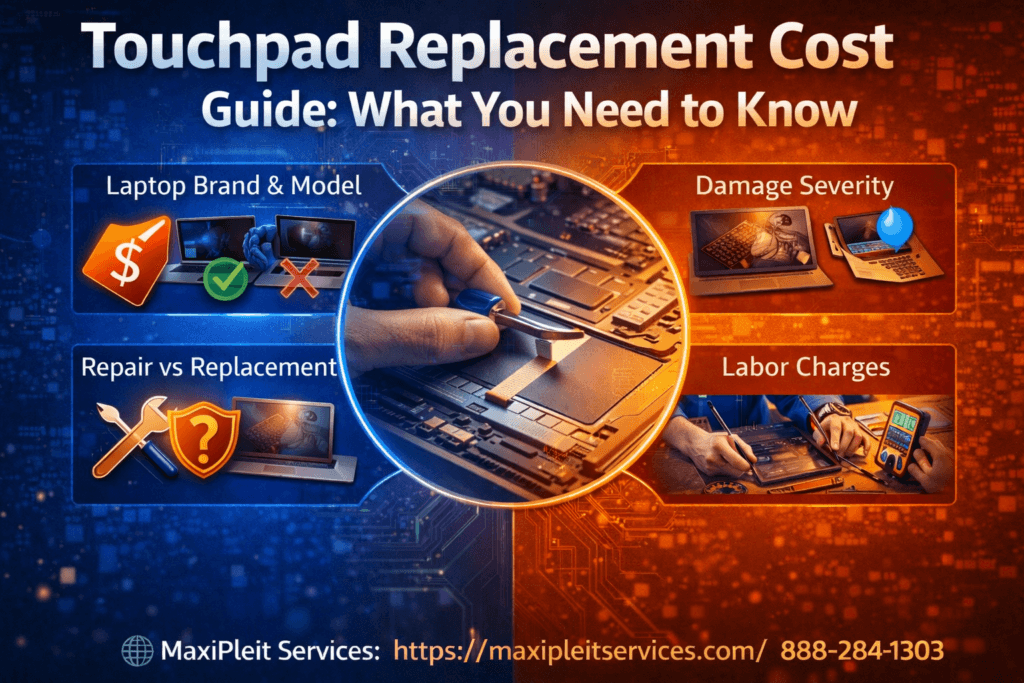 Touchpad replacement cost guide infographic showing laptop brand impact, damage severity, repair vs replacement, and labor charges by MaxiPleit Services