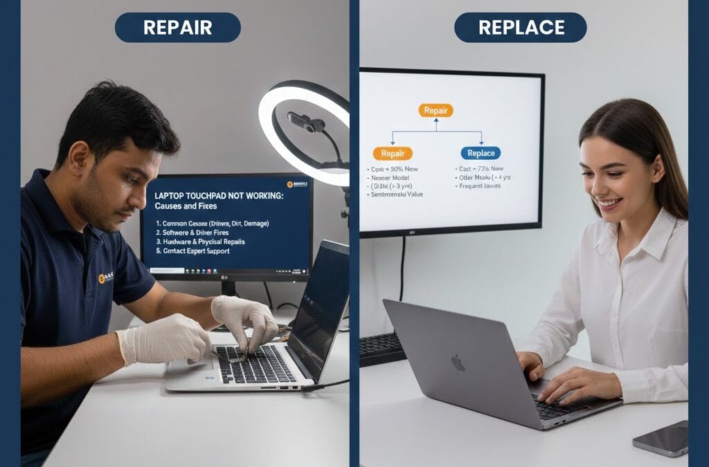 A split-screen comparison by Maxiple Technology Services showing a technician repairing a laptop and a user with a new laptop. A decision chart in the background helps users choose between repair and replacement. Contact: +91 88828 41303.