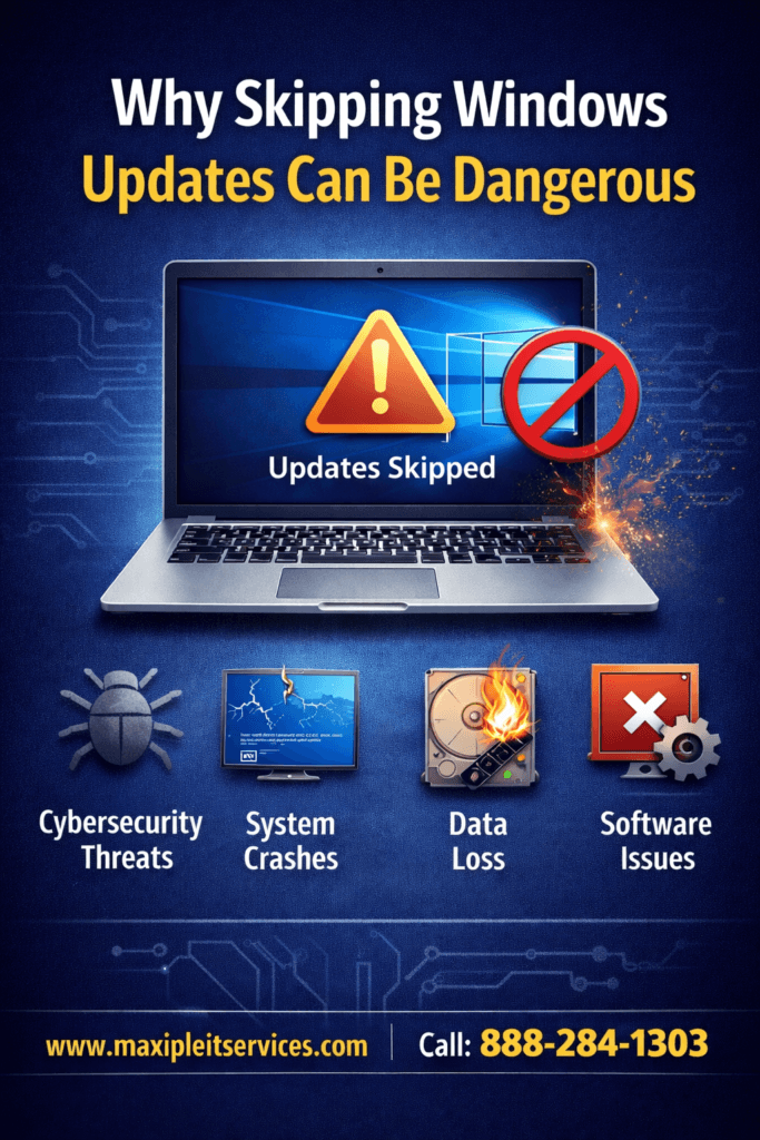 Laptop showing warning about skipping Windows updates with icons for cybersecurity threats, system crashes, data loss, and software issues