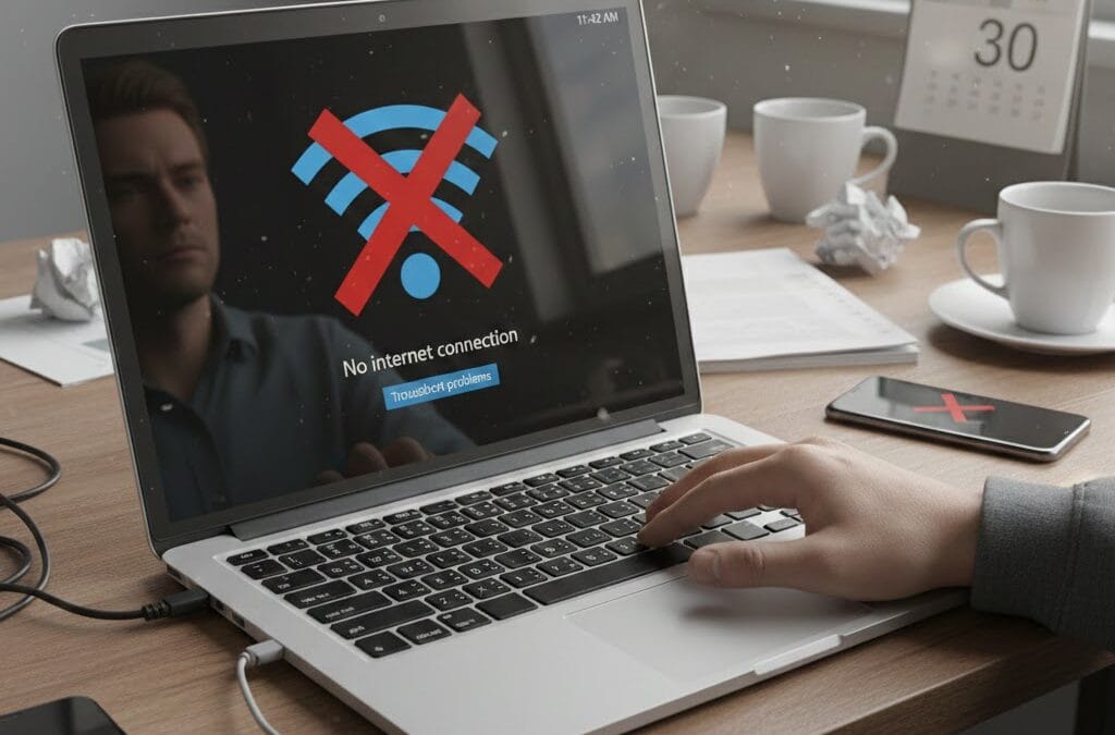 A frustrated person looking at a laptop screen displaying a large red "X" over a Wi-Fi symbol and the text "No internet connection."
