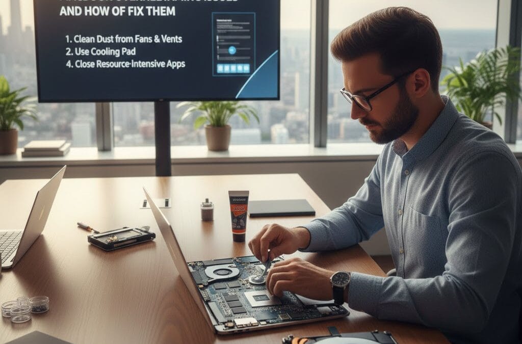 Technician repairing a MacBook’s internal components to fix overheating issues Caption:
