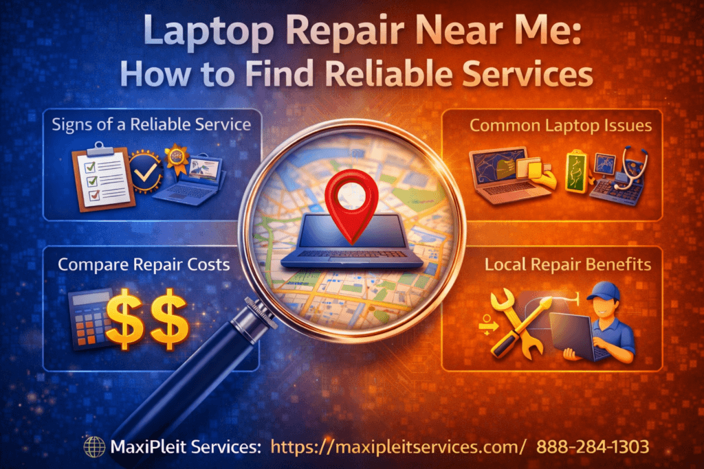 Laptop Repair Near Me infographic showing local repair services, common laptop issues, and trusted technicians