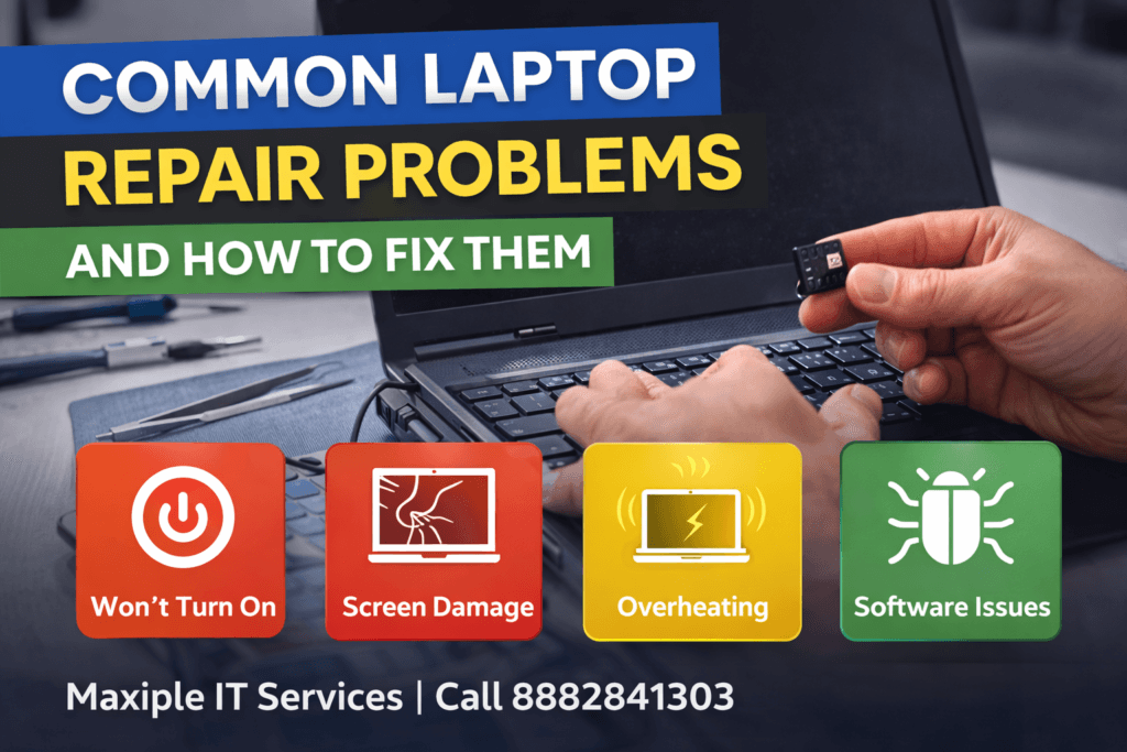 Common laptop repair problems showing keyboard repair, screen damage, overheating, and software issues