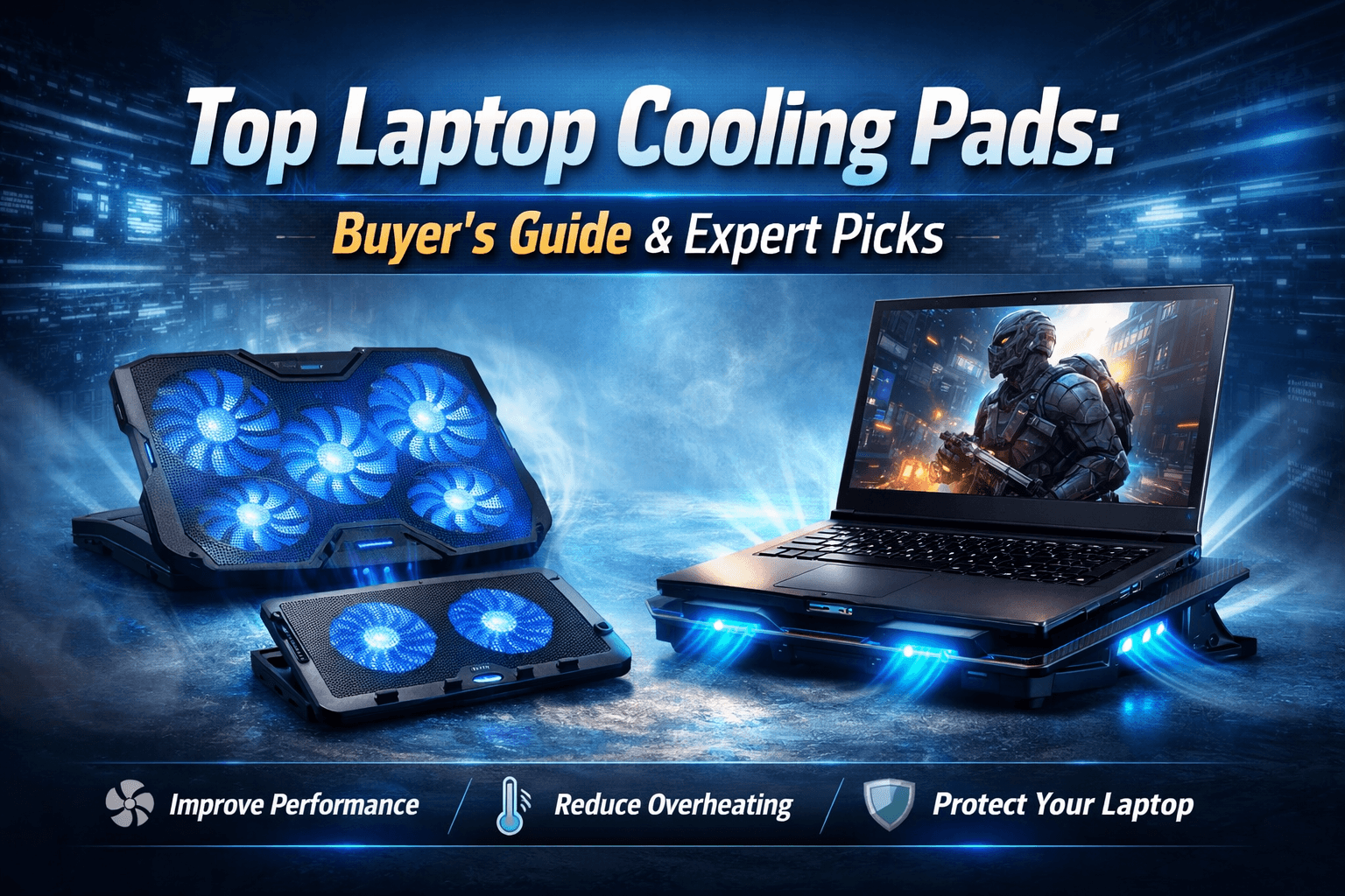 Top Laptop Cooling Pads: Buyer’s Guide and Expert Picks Top laptop cooling pads with LED fans cooling a gaming laptop on a desk