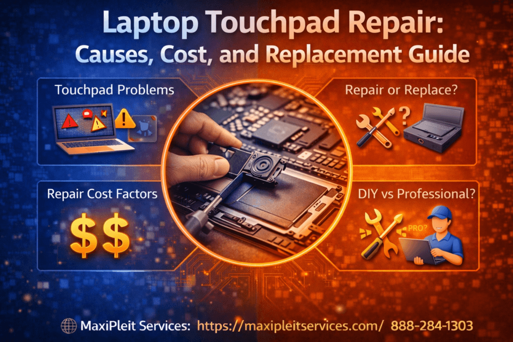 Laptop touchpad repair infographic showing causes, repair vs replacement options, cost factors, and DIY vs professional service with MaxiPleit Services contact info
