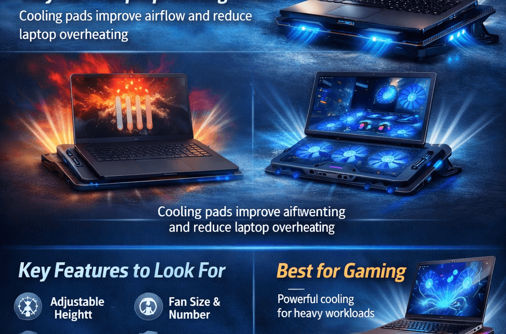 Top laptop cooling pads infographic showing gaming and work laptops with cooling pad features