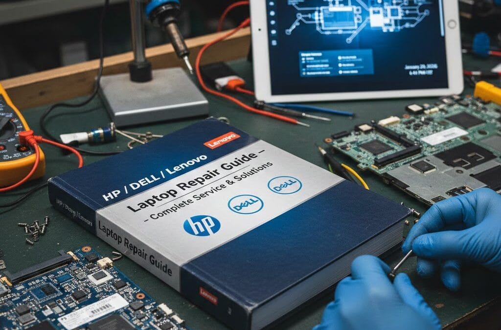 A professional technician in blue gloves working on a laptop motherboard at a workbench next to a thick "HP / DELL / Lenovo Laptop Repair Guide" book.