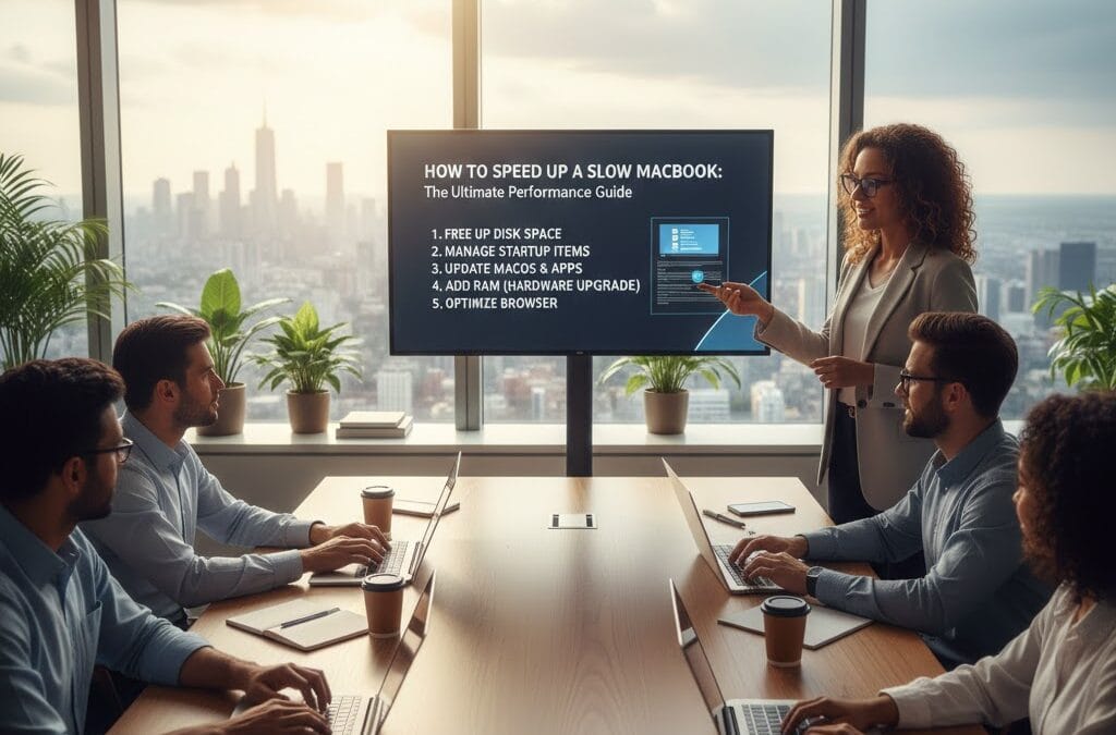 A professional slow MacBook woman in a modern high-rise office presenting a slide titled "How to Speed Up a Slow MacBook: The Ultimate Performance Guide" to a group of colleagues