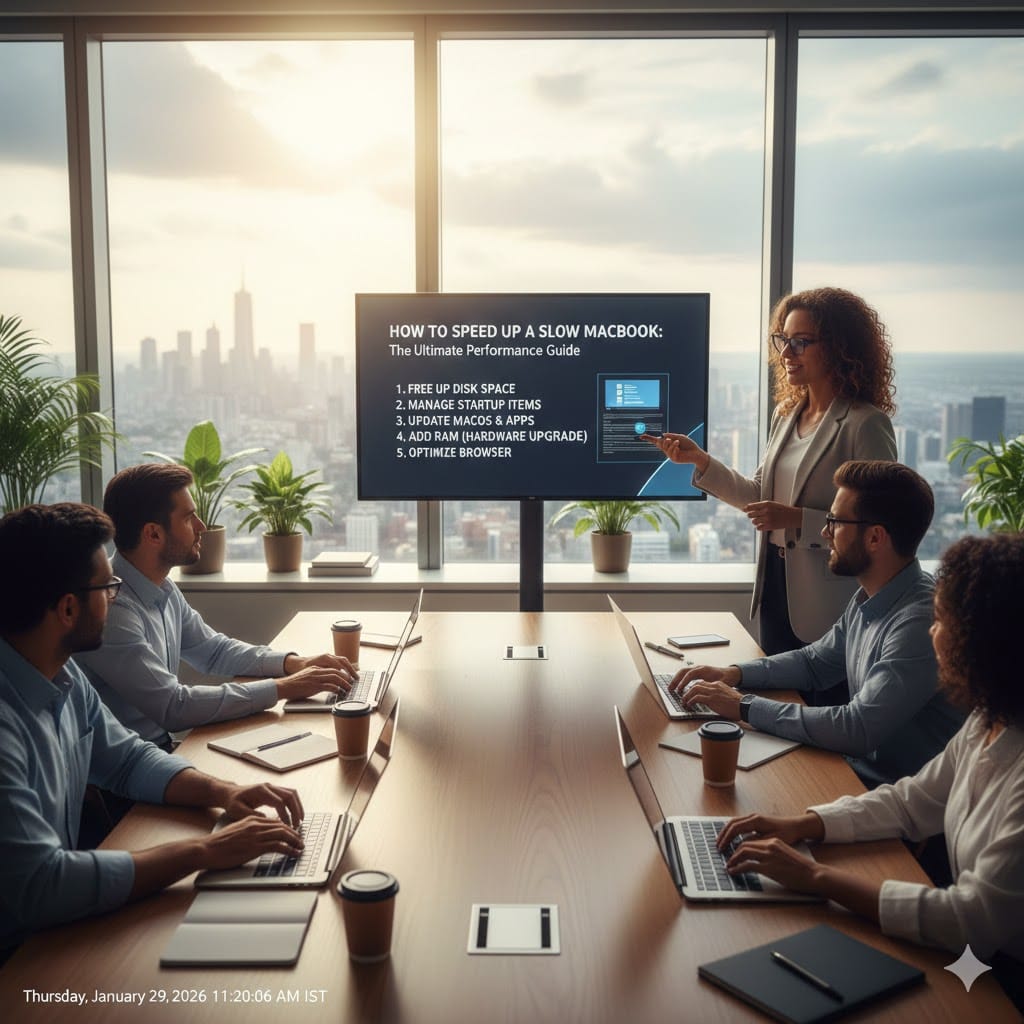 A professional slow MacBook woman in a modern high-rise office presenting a slide titled "How to Speed Up a Slow MacBook: The Ultimate Performance Guide" to a group of colleagues