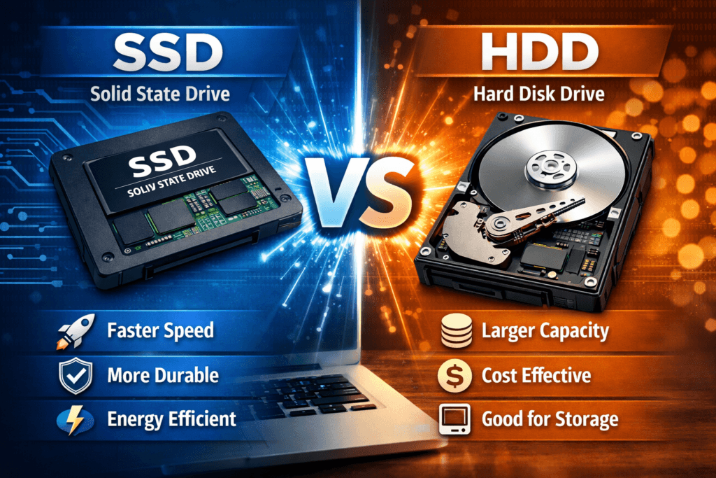 SSD vs HDD comparison showing solid state drive and hard disk drive with speed, durability, and storage differences