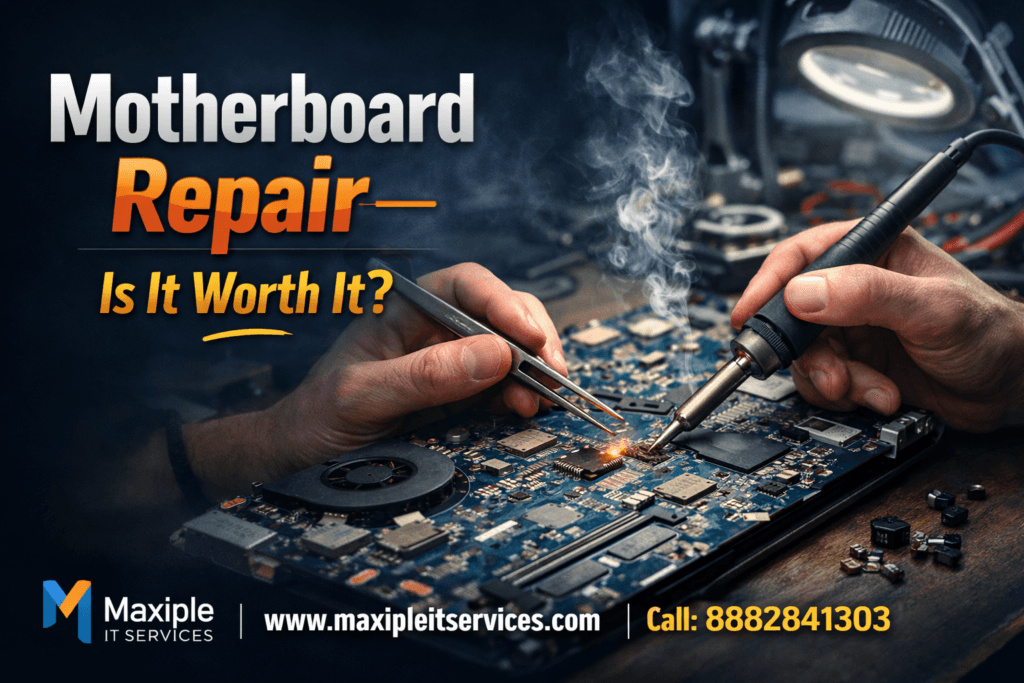 Laptop Motherboard Repair Technician performing laptop motherboard repair using soldering iron and tweezers under magnifying lamp at Maxiple IT Services
