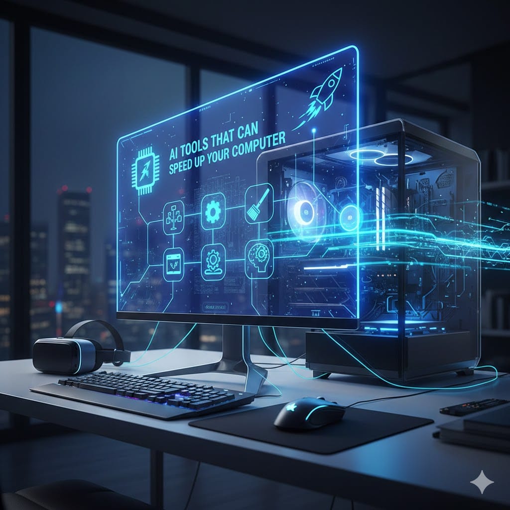 AI PC optimization tools interface displayed on modern desktop computer improving system speed and performance
