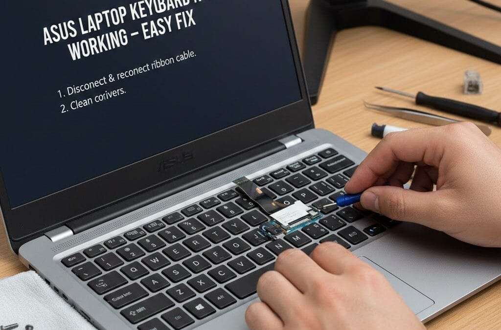 Technician repairing ASUS laptop keyboard by reconnecting ribbon cable to fix non-working keys.