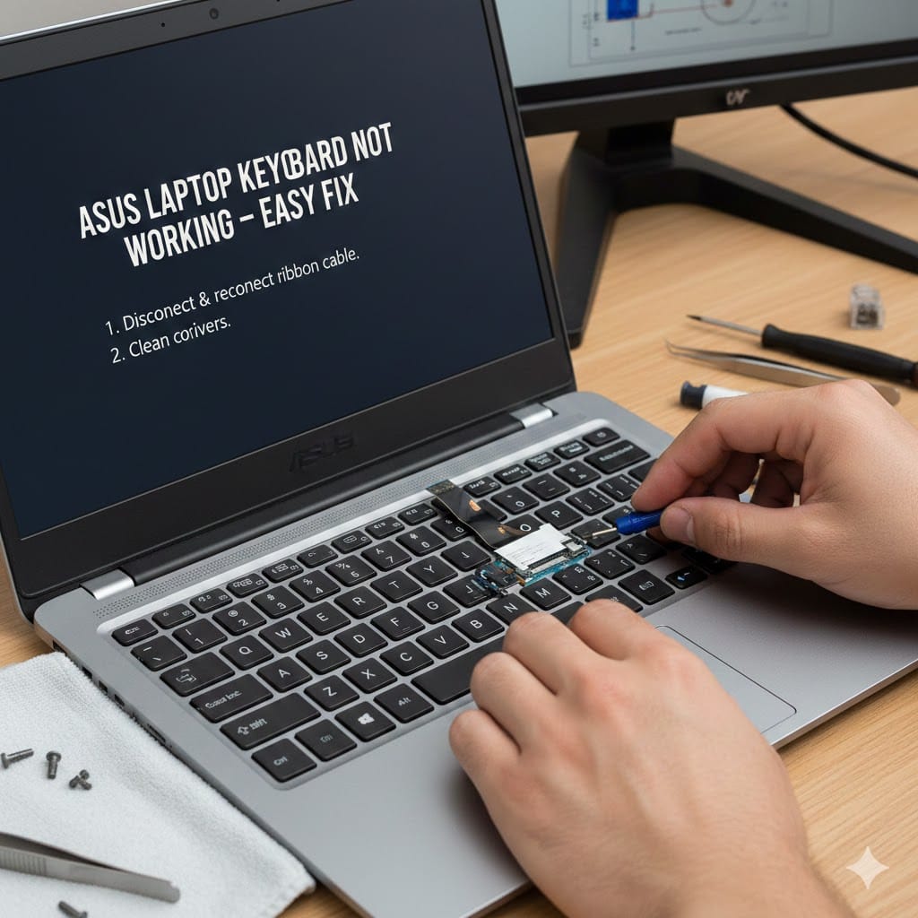 Technician repairing ASUS laptop keyboard by reconnecting ribbon cable to fix non-working keys.
