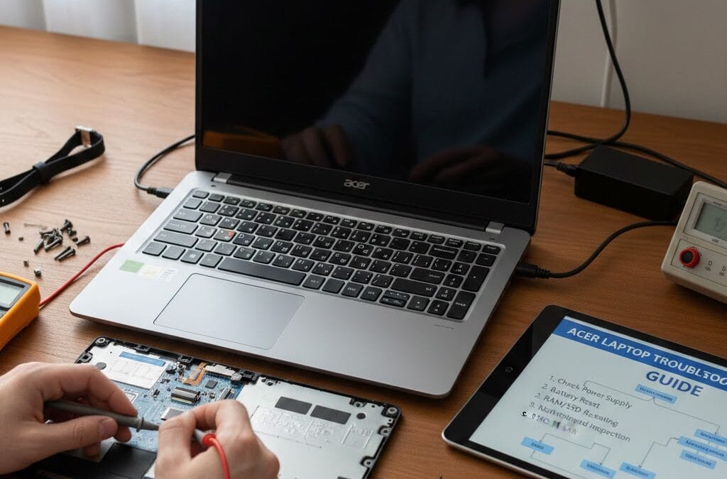 Technician repairing Acer laptop not turning on with motherboard exposed, tools and troubleshooting guide on desk.