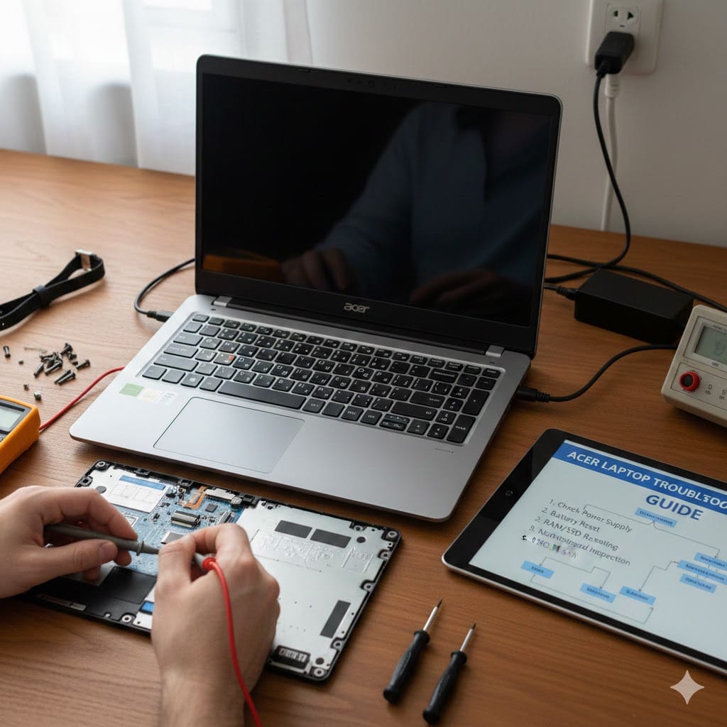 Technician repairing Acer laptop not turning on with motherboard exposed, tools and troubleshooting guide on desk.