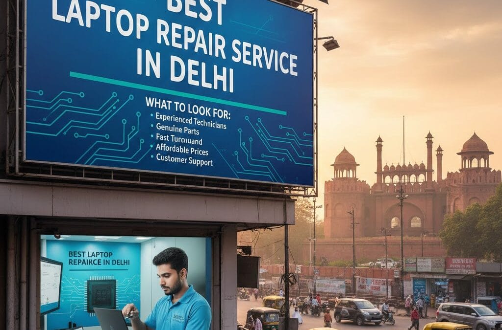 Best Laptop Repair Service in Delhi billboard with technician repairing laptop near Red Fort and city traffic scene