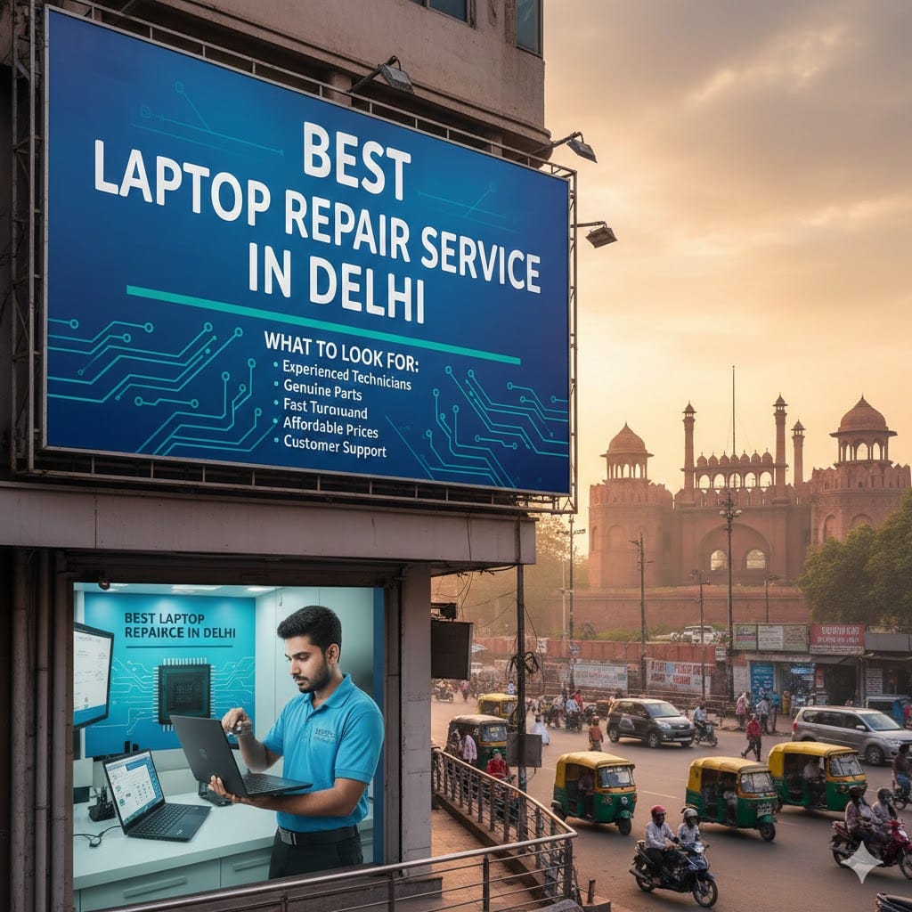 Best Laptop Repair Service in Delhi billboard with technician repairing laptop near Red Fort and city traffic scene